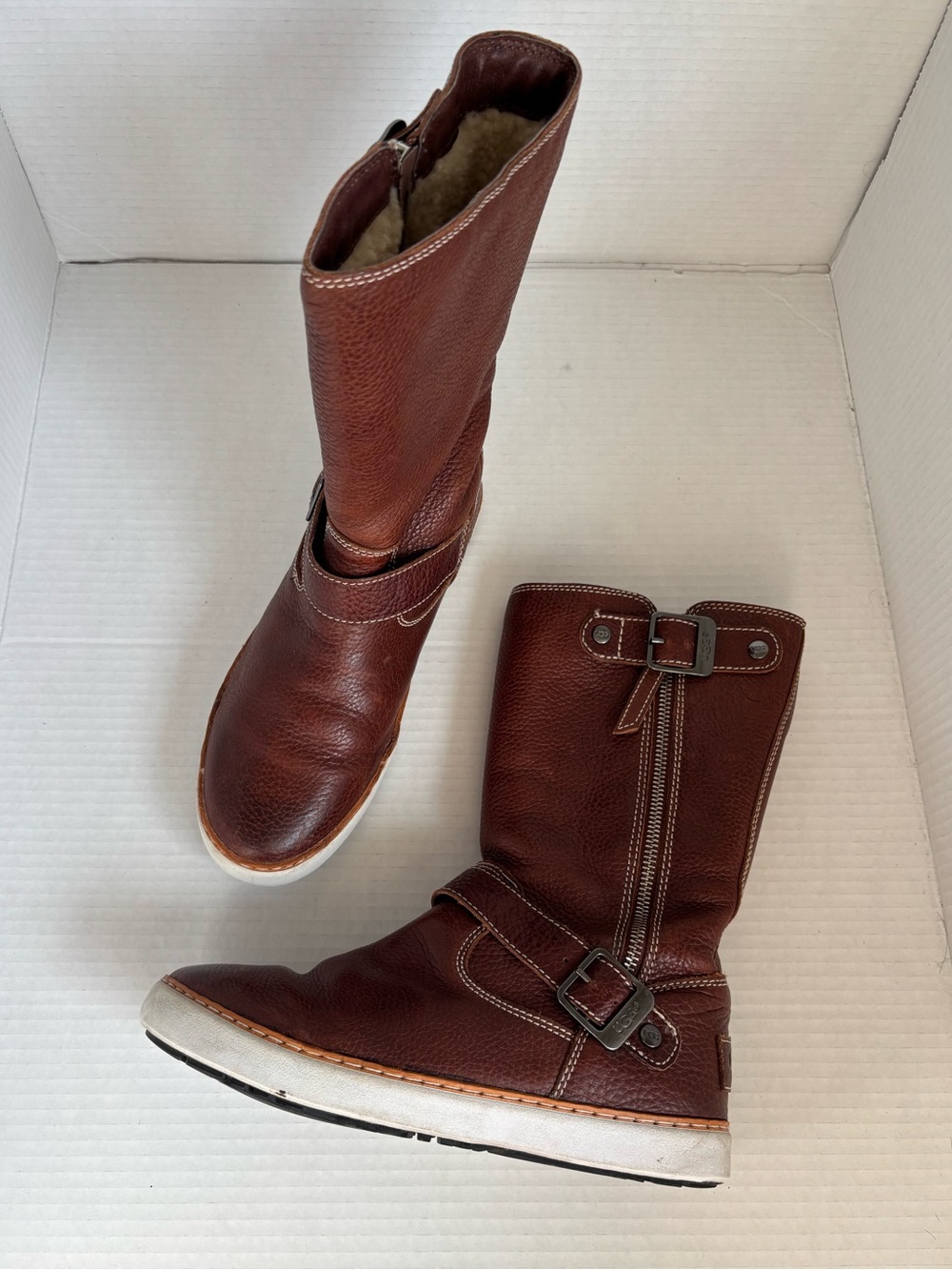 UGG Andra Pebbled Leather Moto Zip Up Boots, Brown Pebbled Leather, size 7.5
